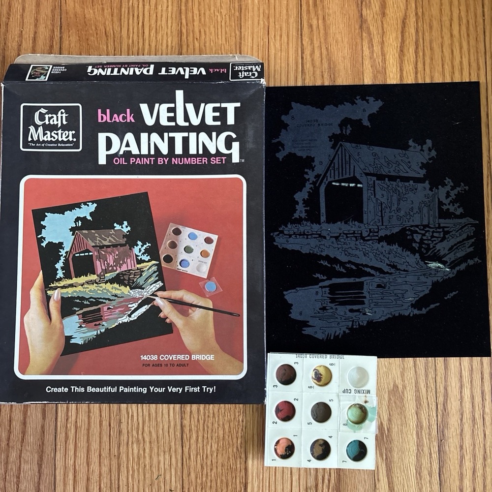 Craft Master Velvet Painting by Number set 1973 Covered Bridge 14038